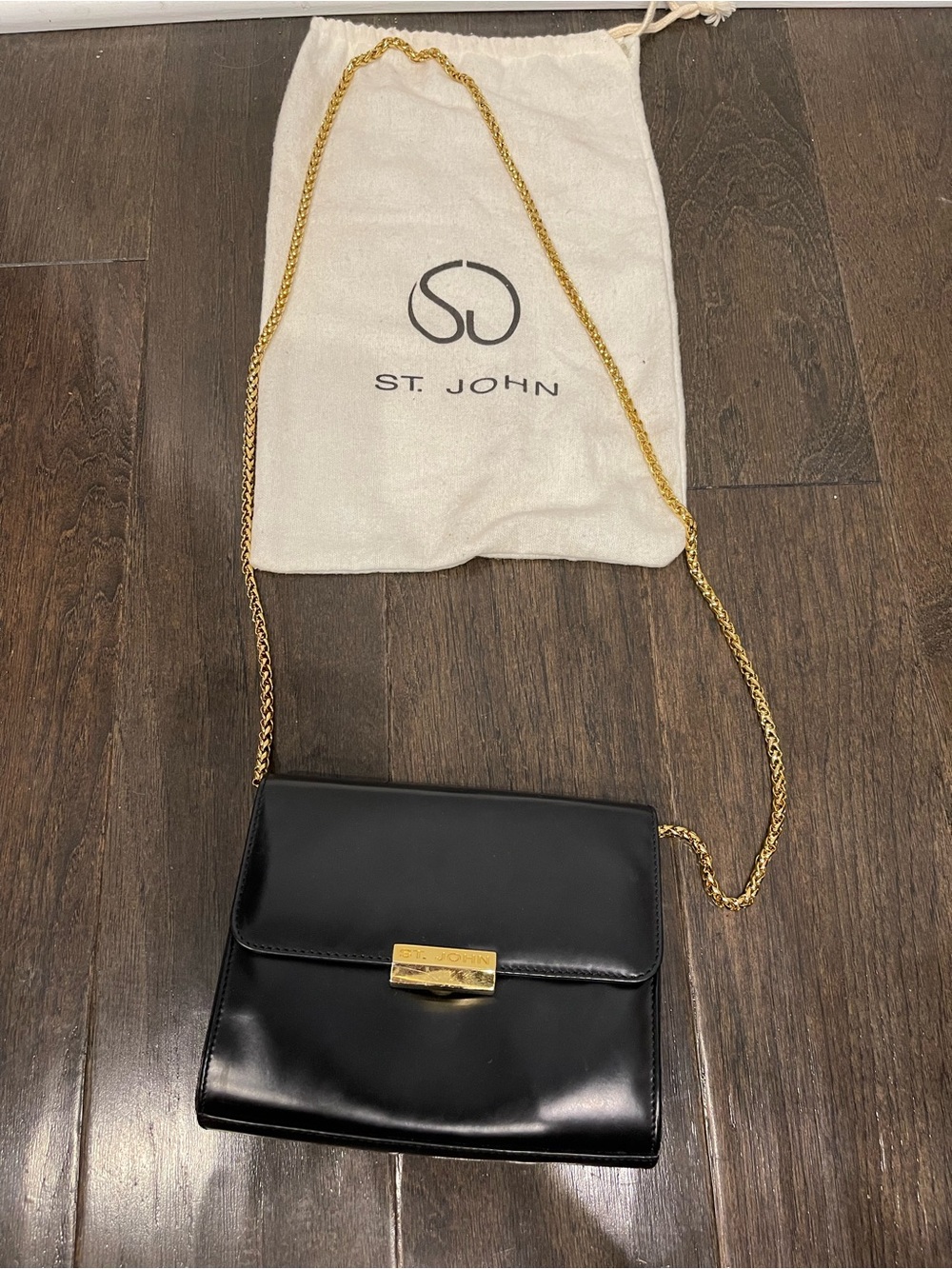 St. John Black Leather Crossbody with Gold Chain